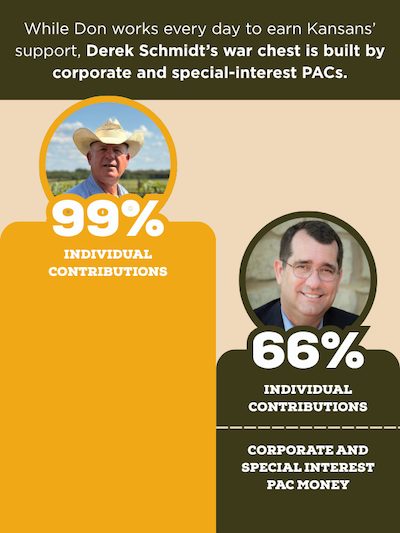 Graphic showing Don's individual contributions at 99% while a large portion of Derek's are from corporate and special interest PACs