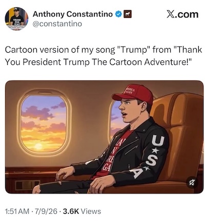 Screenshot of a tweet showing Anthony Constantino's AI-generated music video for his song "Thank You President Trump..."