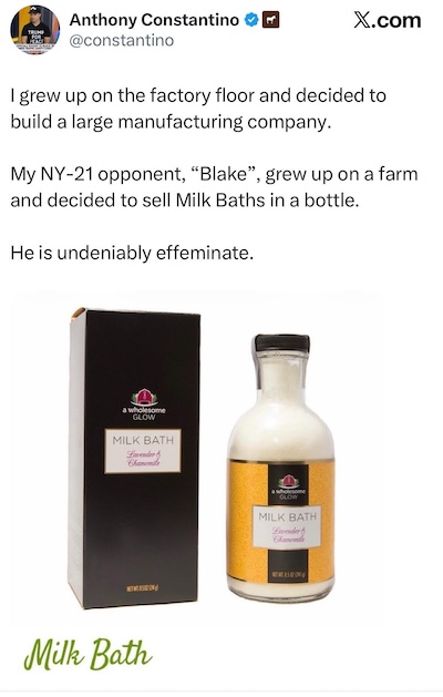 Screenshot of a tweet showing one of Anthony Constantino's attacks on Blake